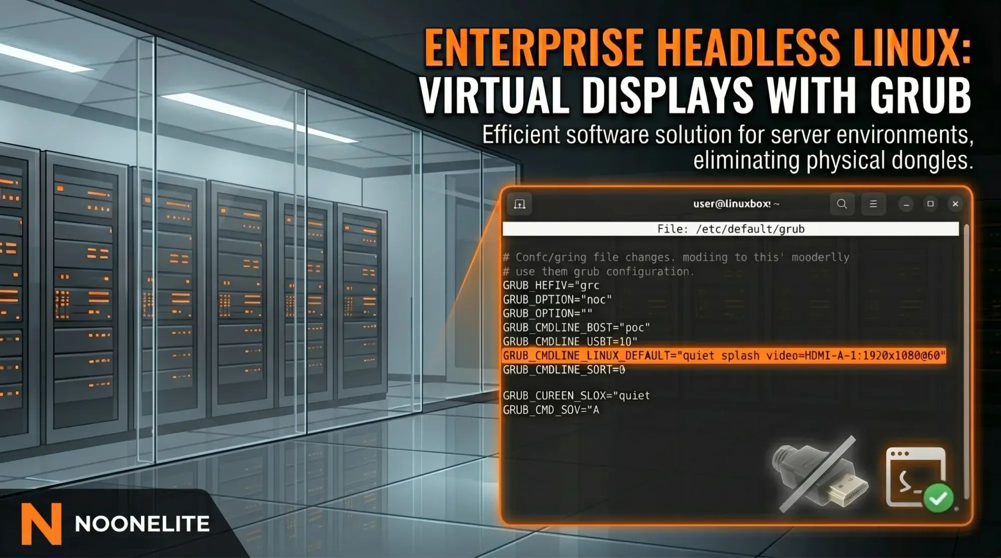 Article title card reading 'Enterprise Headless Linux: Virtual Displays With GRUB', over a server room, beside a terminal window showing /etc/default/grub