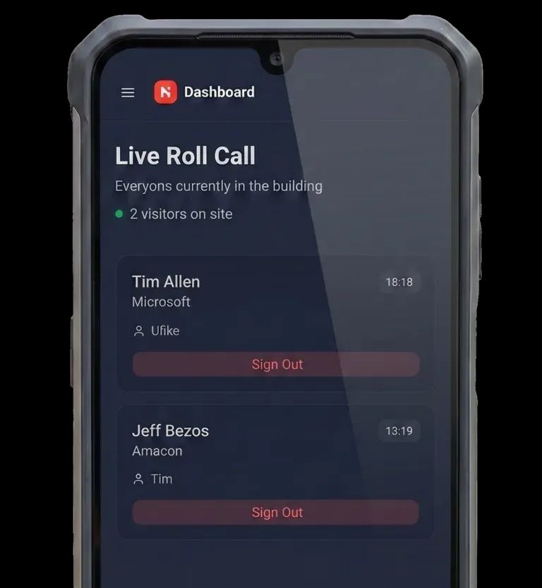 Live roll call on a phone, listing every visitor currently signed in on site